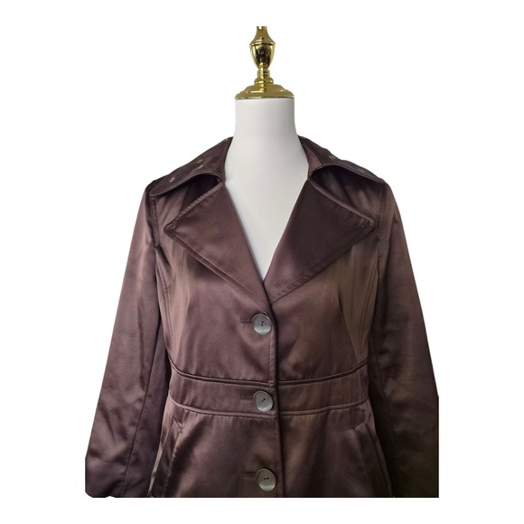 Via Spiga Brown Satin Trench Coat Women's Size 10 Button Front High Collar Long - Picture 5 of 9